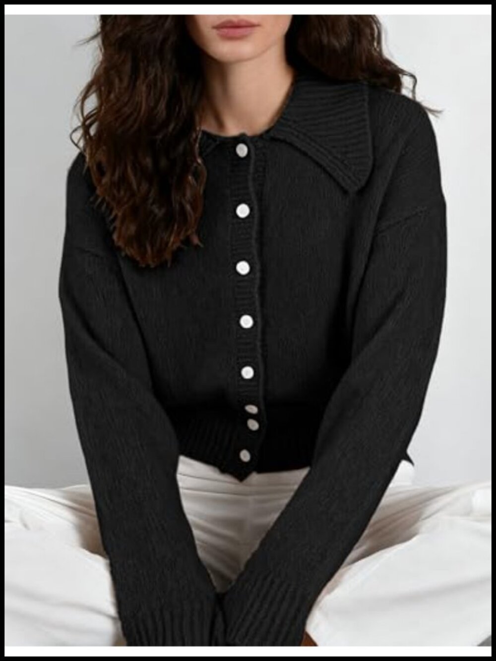 Women's Cropped Cardigan Button Front Ruffled Collar Ribbed Hem - Picture 2 of 6